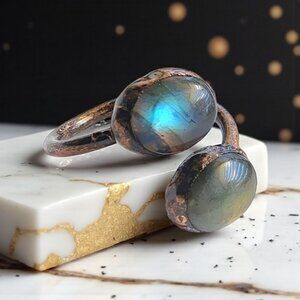 Boho Vintage Labradorite Ring Adjustable Open Wrap Handmade Copper Finish